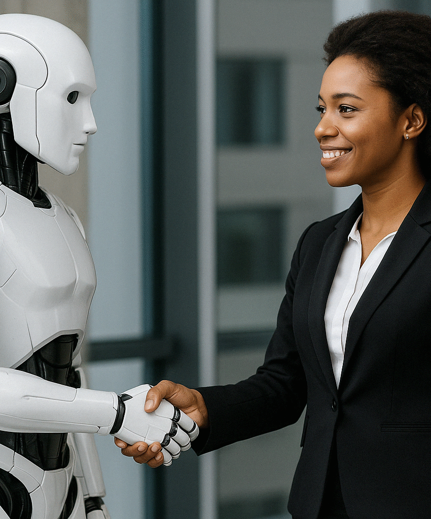 Business woman shakes robot's hand